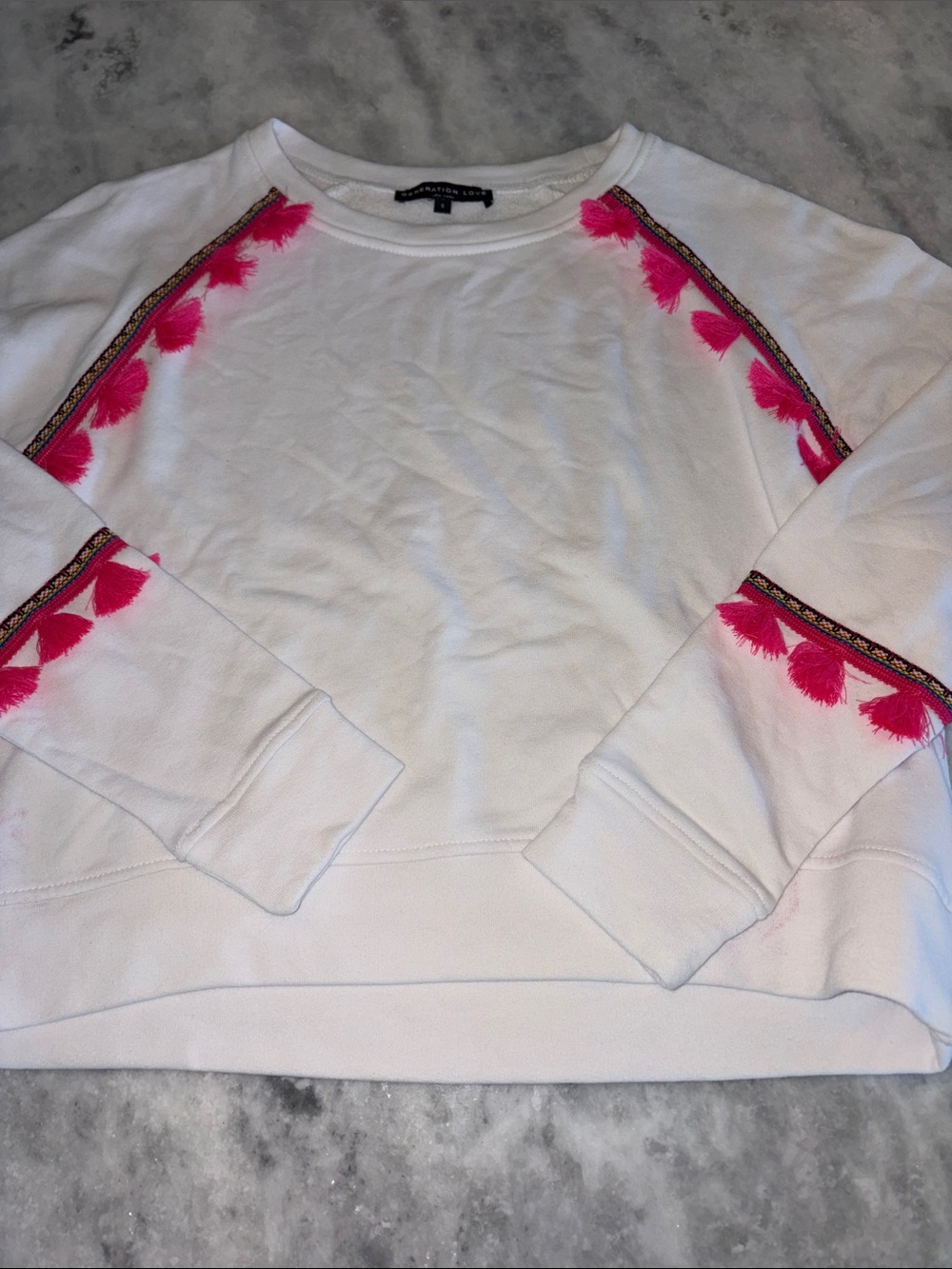 Generation Love White Crewneck Sweater with Hot Pink Tassel Trim